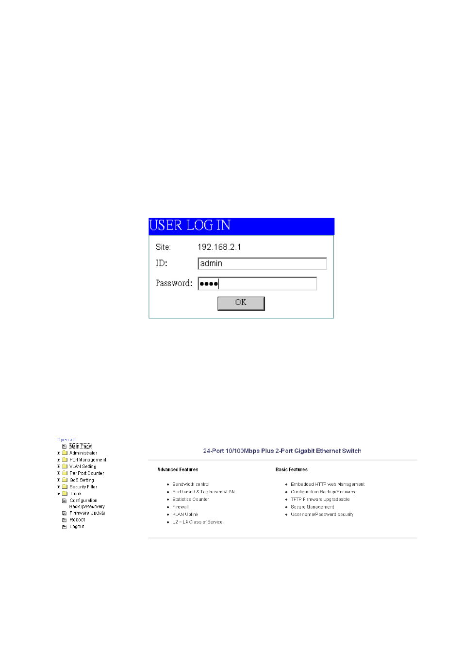 User login, Main page | Edimax Technology Edimax 24 10/100TX + 2 10/100/1000T/Mini-GBIC Combo Web Smart Switch ES-5226RS User Manual | Page 18 / 59