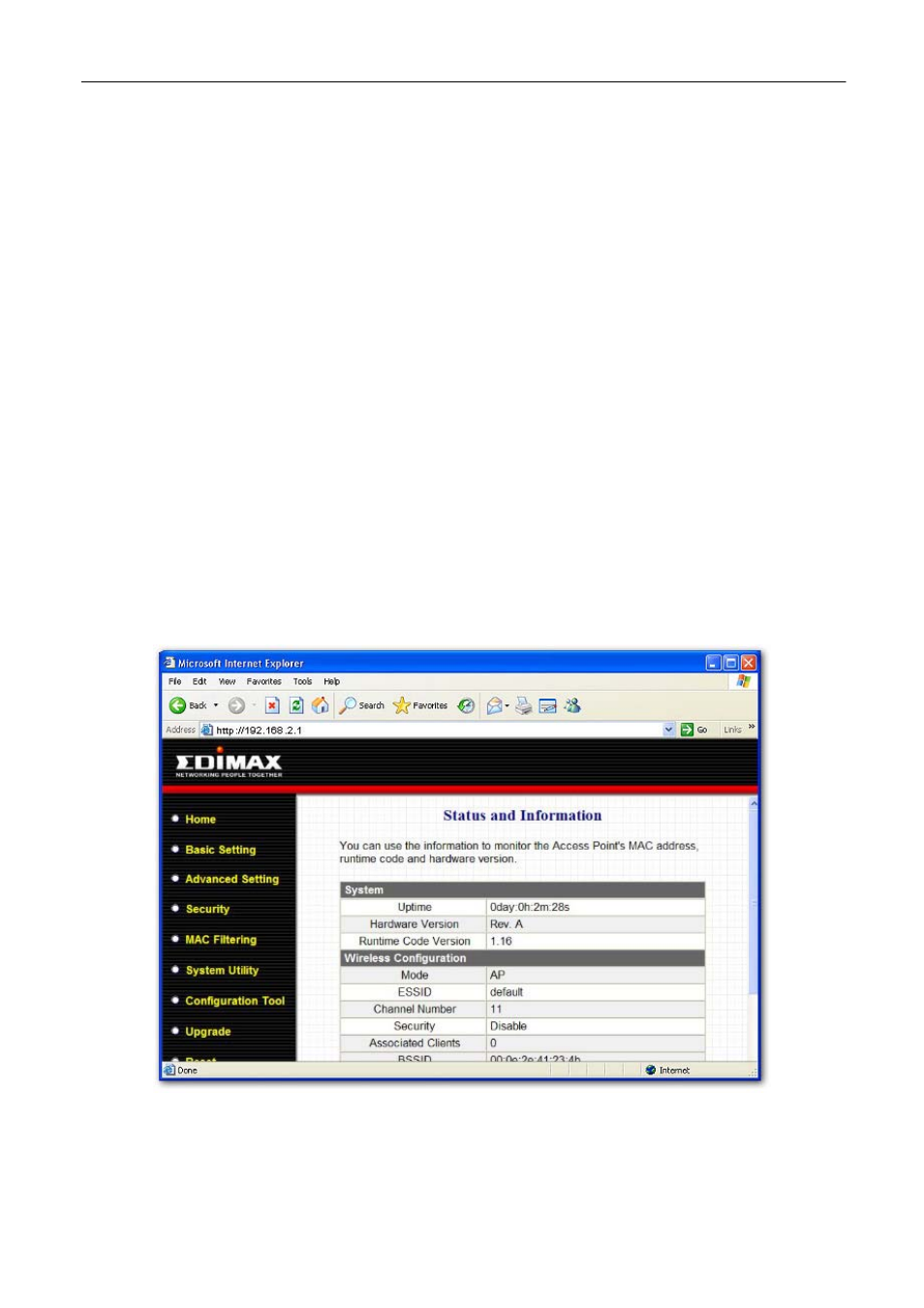 2 configuring the access point, 1 status and information, Configuring the access point | 1 status, Information | Edimax Technology EW-7206PDg User Manual | Page 13 / 47