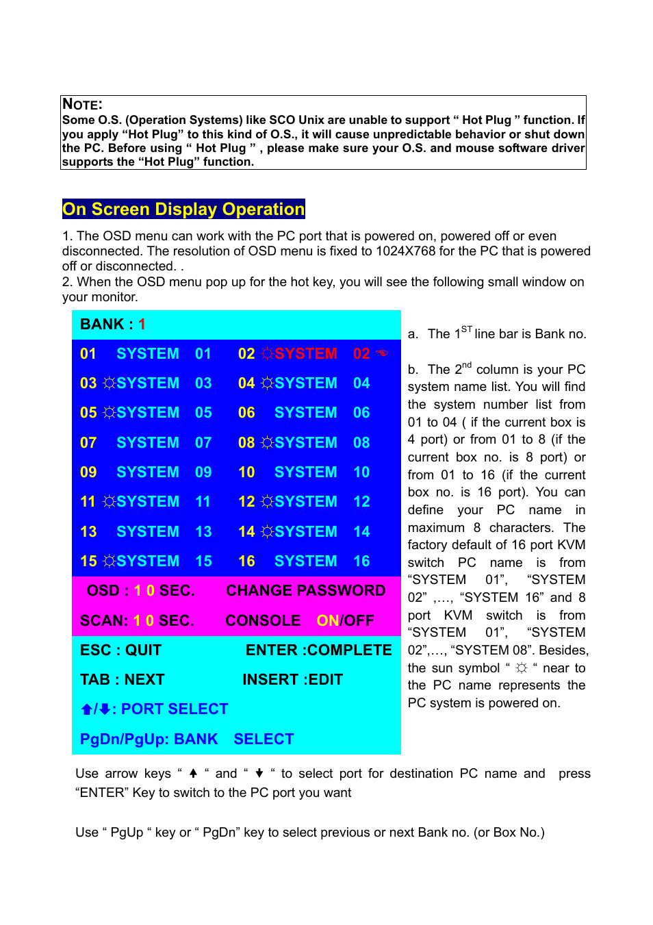 On screen display operation | Edimax Technology Two-console 16 port PS/2 KVM Switch User Manual | Page 16 / 20