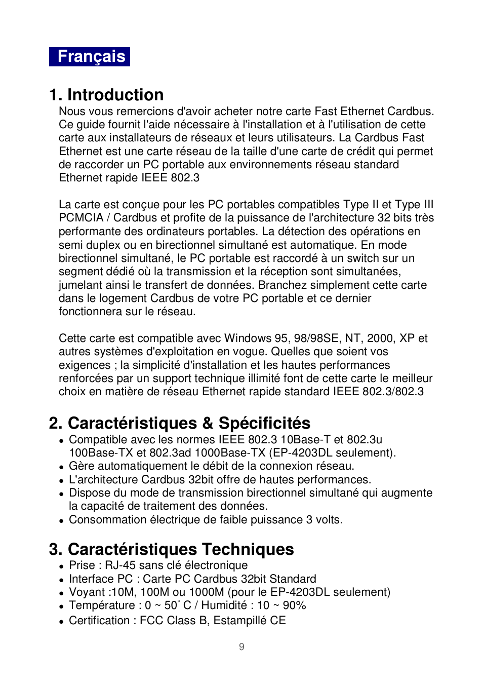 Français . 1. introduction, Caractéristiques & spécificités, Caractéristiques techniques | Edimax Technology Ethernet Cardbus Adapter User Manual | Page 10 / 21