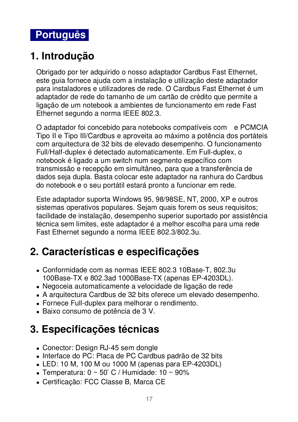 Português, Introdução, Características e especificações | Especificações técnicas | Edimax Technology Ethernet Cardbus Adapter User Manual | Page 18 / 21