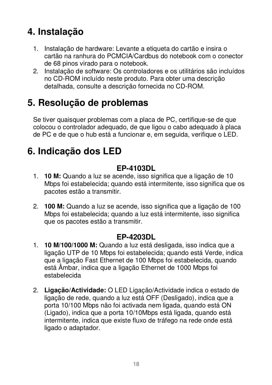 Instalação, Resolução de problemas, Indicação dos led | Edimax Technology Ethernet Cardbus Adapter User Manual | Page 19 / 21