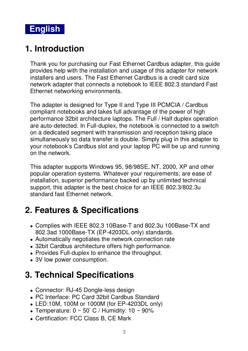 English 1. introduction, Features & specifications, Technical specifications | Edimax Technology Ethernet Cardbus Adapter User Manual | Page 4 / 21