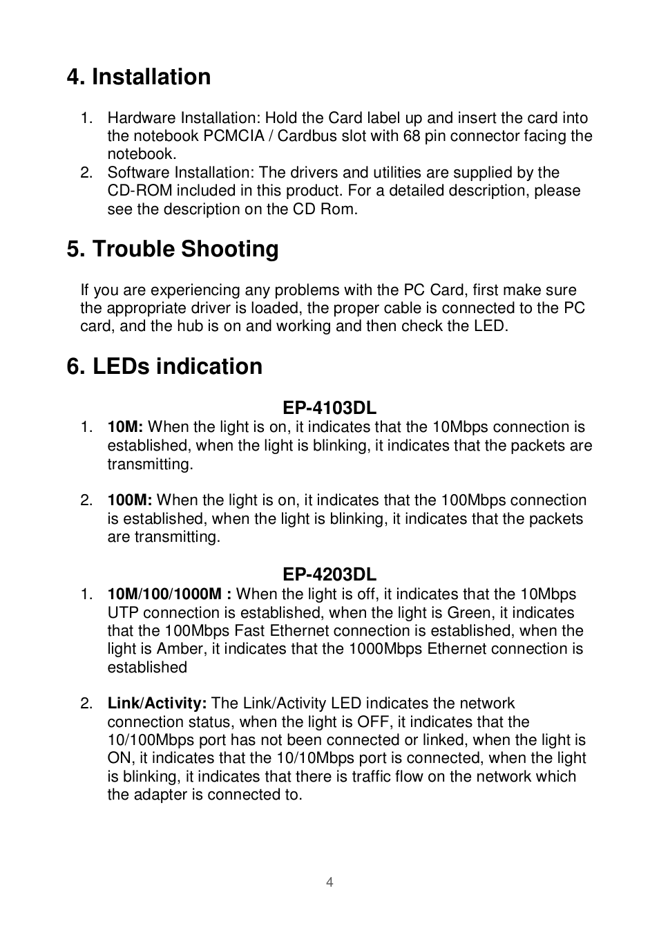 Installation, Trouble shooting, Leds indication | Edimax Technology Ethernet Cardbus Adapter User Manual | Page 5 / 21