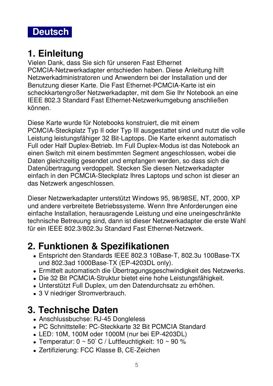 Deutsch . 1. einleitung, Funktionen & spezifikationen, Technische daten | Edimax Technology Ethernet Cardbus Adapter User Manual | Page 6 / 21