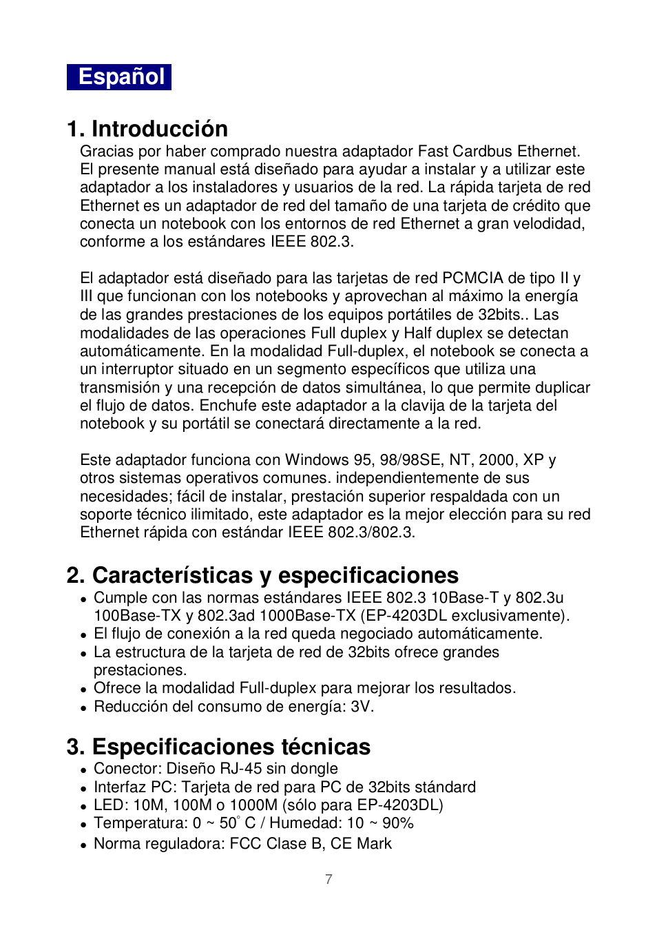 Español . 1. introducción, Características y especificaciones, Especificaciones técnicas | Edimax Technology Ethernet Cardbus Adapter User Manual | Page 8 / 21