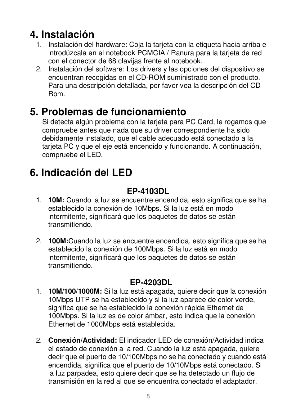 Instalación, Problemas de funcionamiento, Indicación del led | Edimax Technology Ethernet Cardbus Adapter User Manual | Page 9 / 21