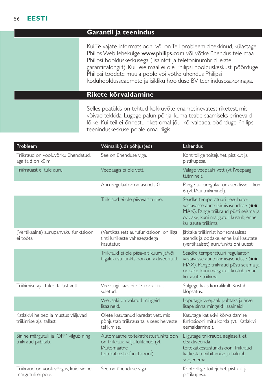 Garantii ja teenindus, Rikete kõrvaldamine, Eesti | Philips GC4250 User Manual | Page 56 / 76
