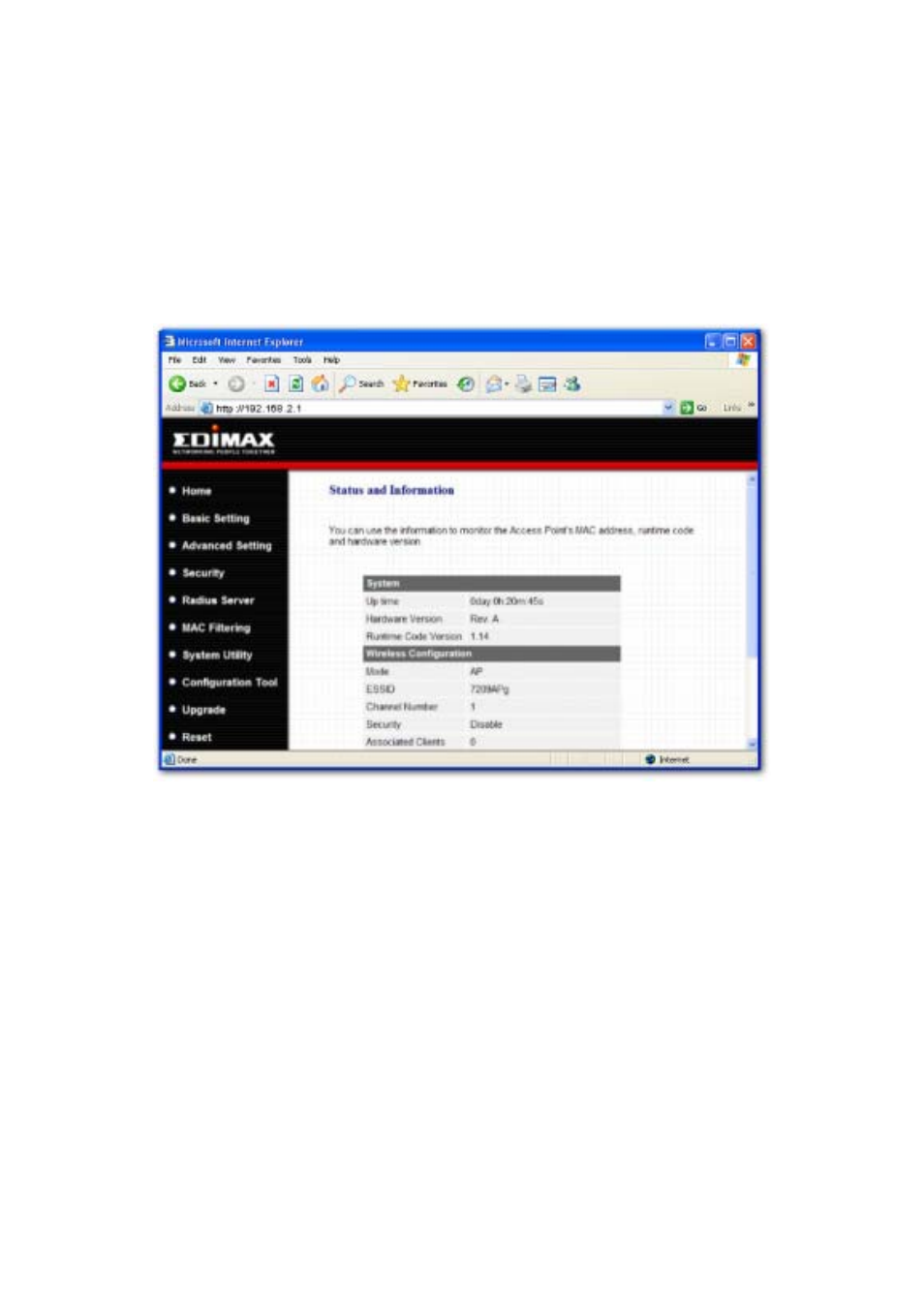 2 configuring the access poi nt, 1 stat us and inf ormation 3.2. 2 wireless setting | Edimax Technology Wireless LAN Access Point User Manual | Page 12 / 44