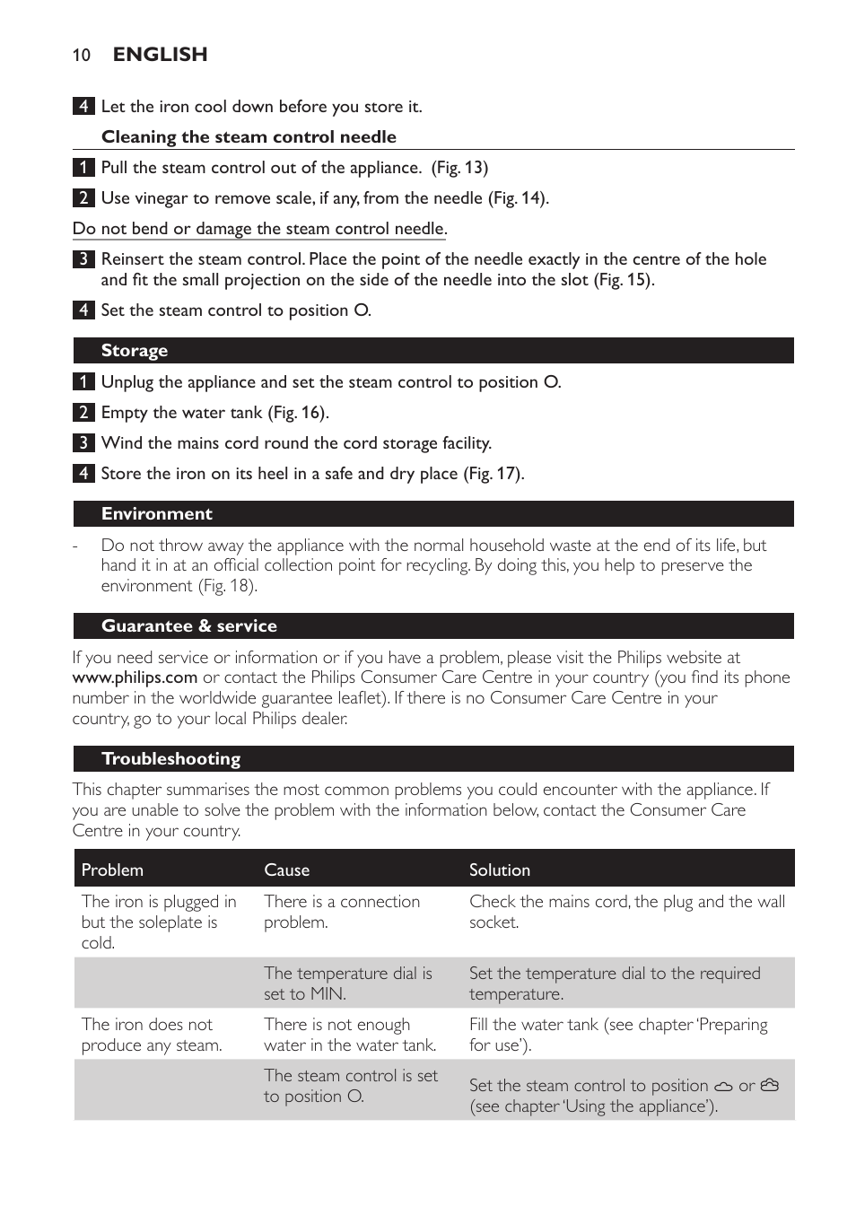 Cleaning the steam control needle, Storage, Environment | Guarantee & service, Troubleshooting | Philips GC1705 User Manual | Page 10 / 112