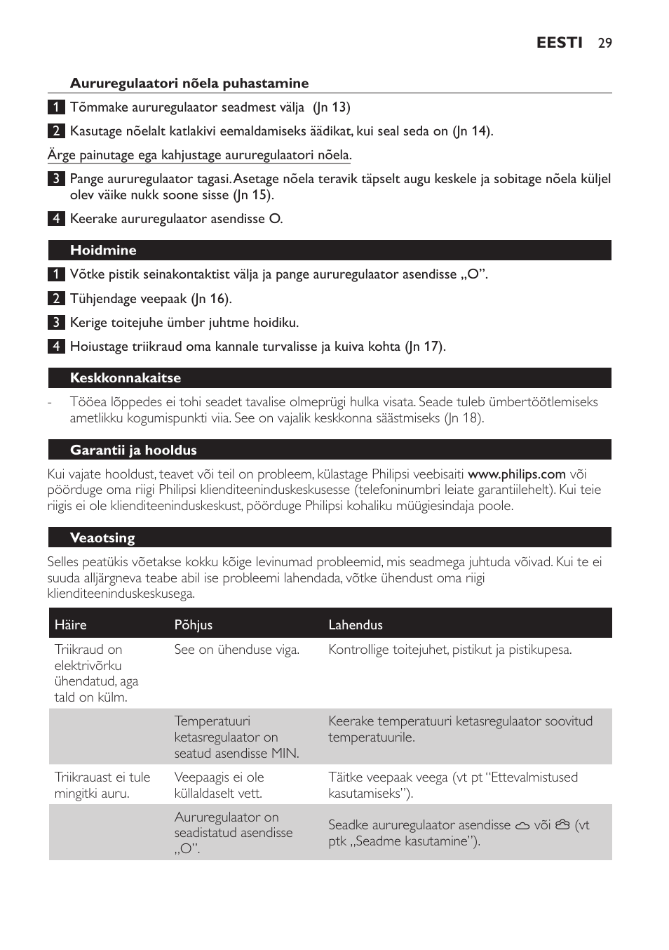 Aururegulaatori nõela puhastamine, Hoidmine, Keskkonnakaitse | Garantii ja hooldus, Veaotsing | Philips GC1705 User Manual | Page 29 / 112