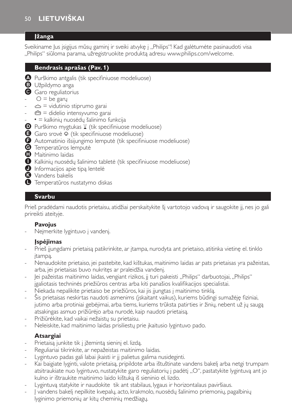 Pavojus, Įspėjimas, Atsargiai | Lietuviškai, Įžanga, Bendrasis aprašas (pav. 1), Svarbu | Philips GC1705 User Manual | Page 50 / 112
