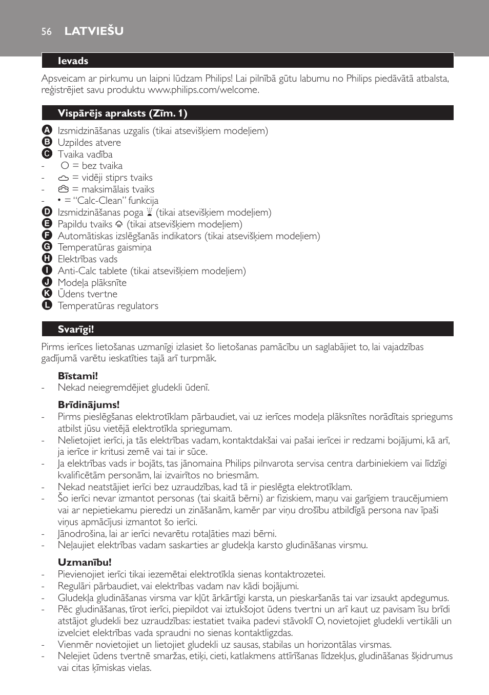 Bīstami, Brīdinājums, Uzmanību | Latviešu, Ievads, Vispārējs apraksts (zīm. 1), Svarīgi | Philips GC1705 User Manual | Page 56 / 112