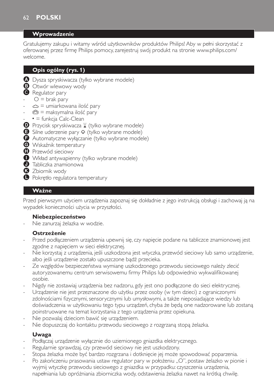 Niebezpieczeństwo, Ostrzeżenie, Uwaga | Polski, Wprowadzenie, Opis ogólny (rys. 1), Ważne | Philips GC1705 User Manual | Page 62 / 112