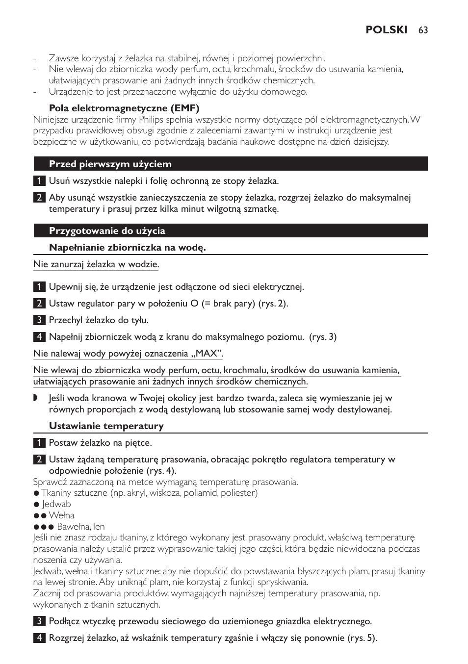 Pola elektromagnetyczne (emf), Przed pierwszym użyciem, Przygotowanie do użycia | Napełnianie zbiorniczka na wodę, Ustawianie temperatury | Philips GC1705 User Manual | Page 63 / 112