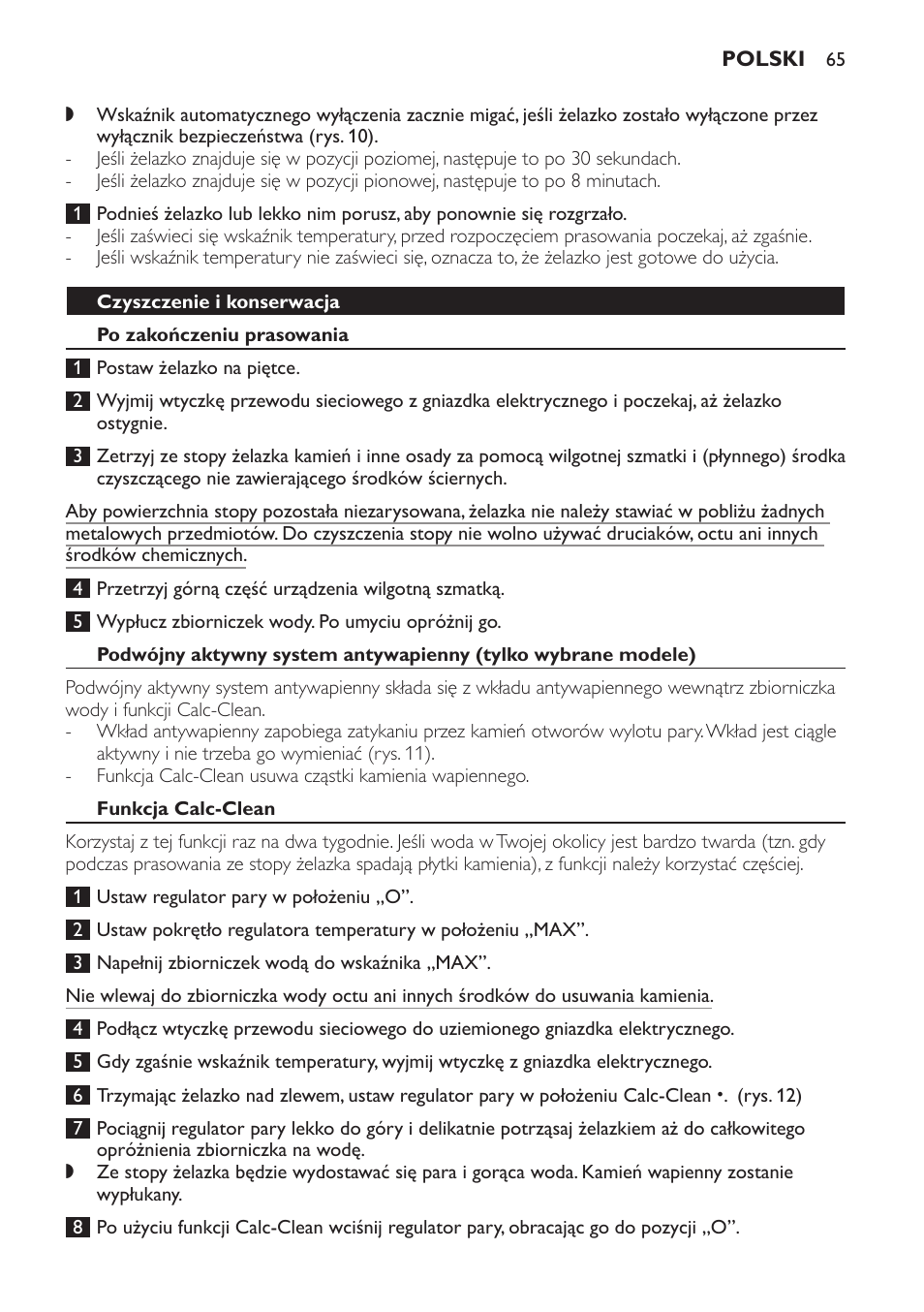 Czyszczenie i konserwacja, Po zakończeniu prasowania, Funkcja calc-clean | Philips GC1705 User Manual | Page 65 / 112