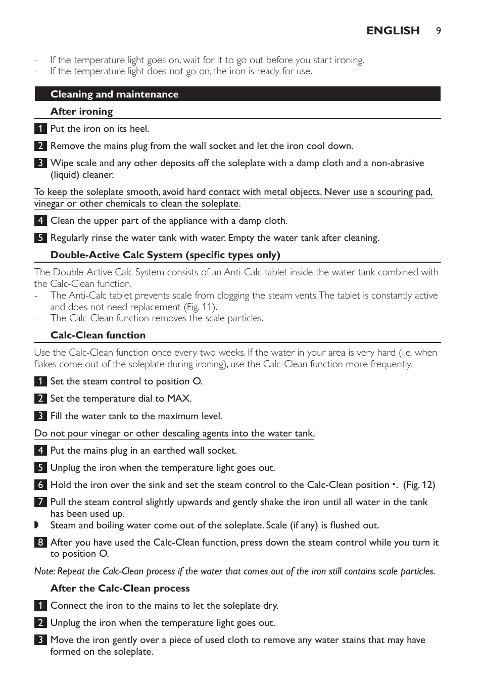 Cleaning and maintenance, After ironing, Double-active calc system (specific types only) | Calc-clean function, After the calc-clean process | Philips GC1705 User Manual | Page 9 / 112