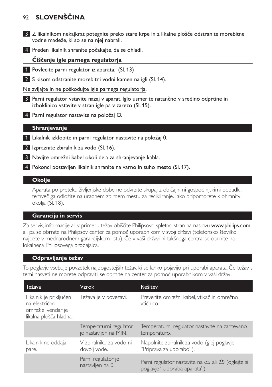 Čiščenje igle parnega regulatorja, Shranjevanje, Okolje | Garancija in servis, Odpravljanje težav | Philips GC1705 User Manual | Page 92 / 112