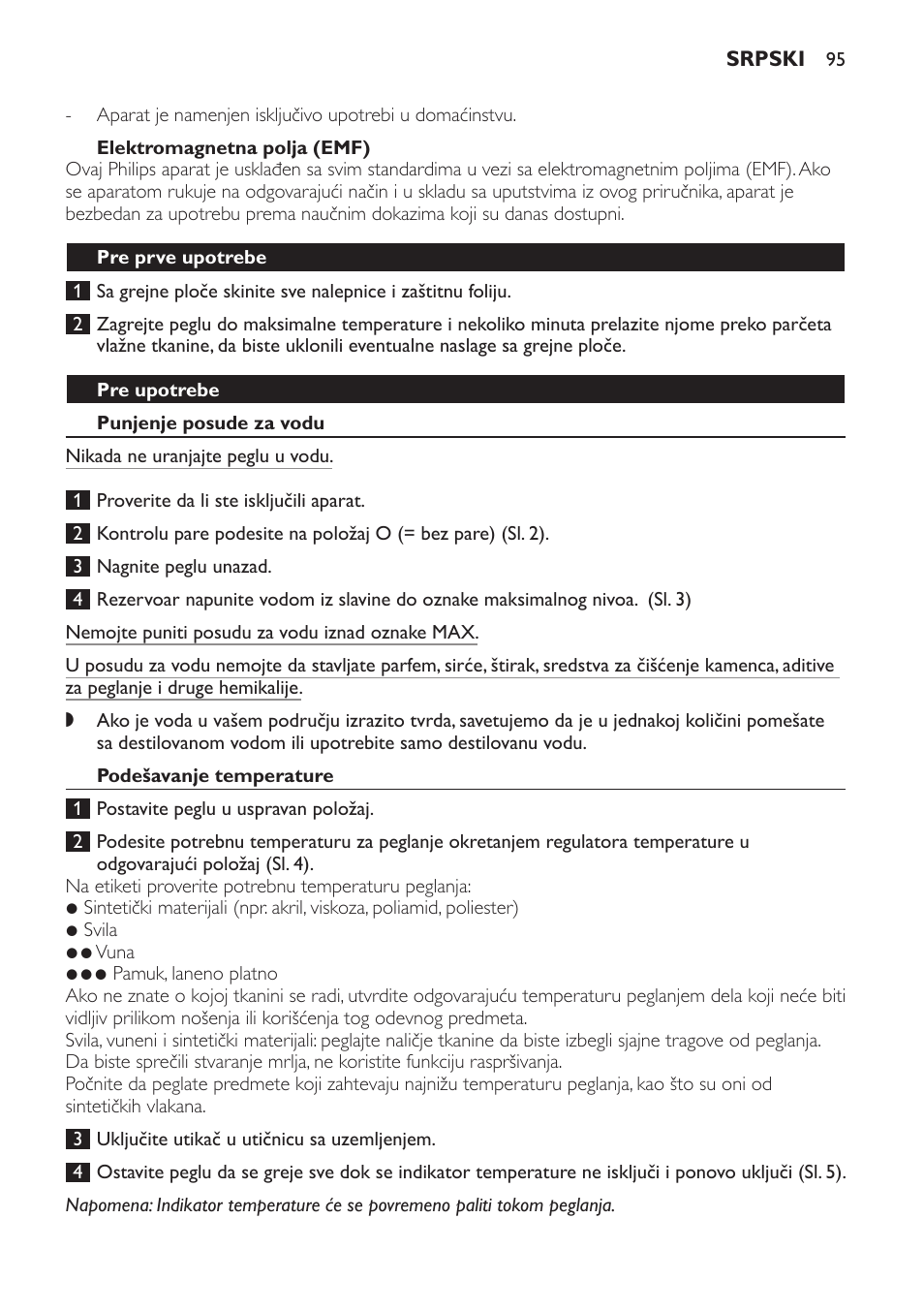 Elektromagnetna polja (emf), Pre prve upotrebe, Pre upotrebe | Punjenje posude za vodu, Podešavanje temperature | Philips GC1705 User Manual | Page 95 / 112