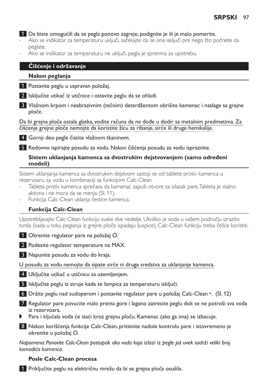 Čišćenje i održavanje, Nakon peglanja, Funkcija calc-clean | Posle calc-clean procesa | Philips GC1705 User Manual | Page 97 / 112