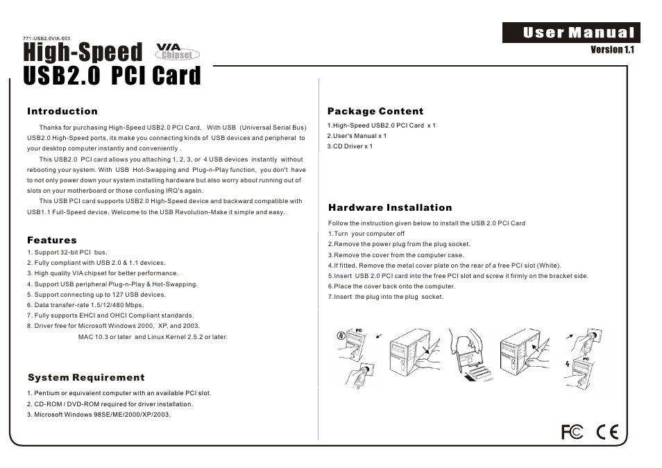 Edimax Technology Hi-Speed USB2.0 PCI Card Version 1.1 User Manual | 2 pages