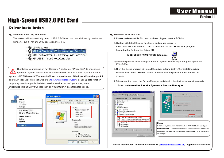 頁面 2, High-speed usb2.0 pci card, Driver installation | Edimax Technology Hi-Speed USB2.0 PCI Card Version 1.1 User Manual | Page 2 / 2