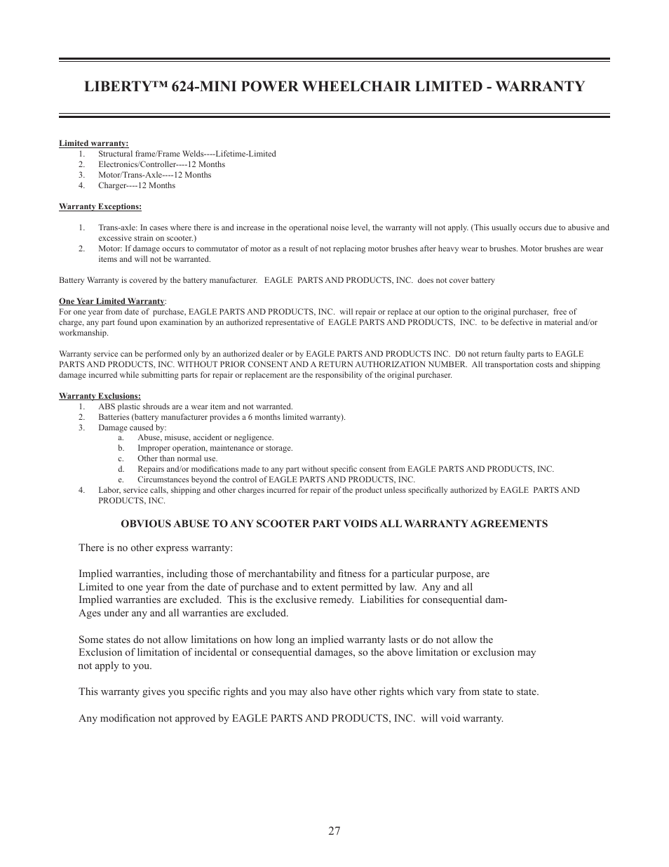 Eagle Parts & Products LIBERTY 624 mini User Manual | Page 28 / 30