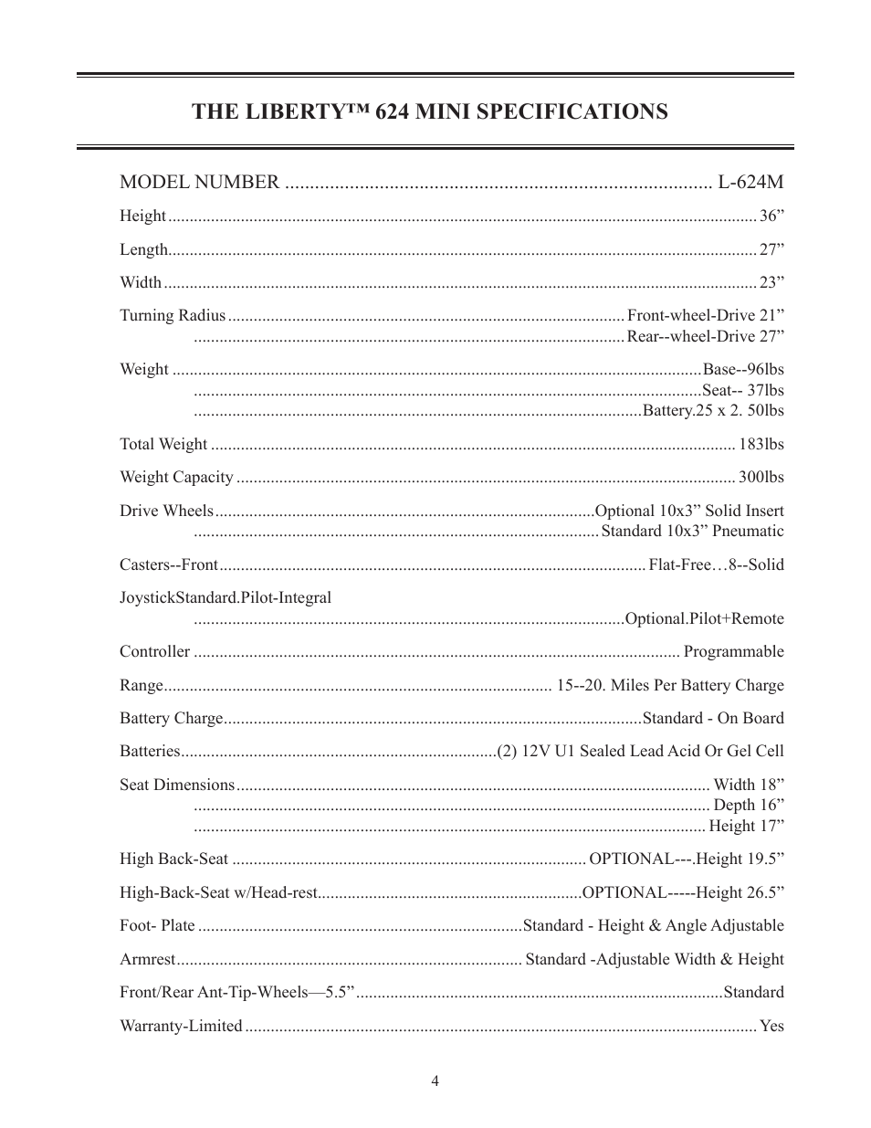 The liberty™ 624 mini specifications | Eagle Parts & Products LIBERTY 624 mini User Manual | Page 5 / 30