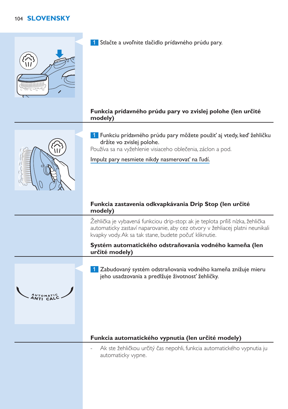 Funkcia automatického vypnutia (len určité modely) | Philips GC3106 User Manual | Page 104 / 136