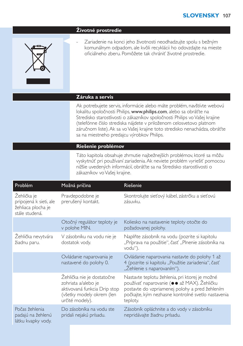 Životné prostredie, Záruka a servis, Riešenie problémov | Philips GC3106 User Manual | Page 107 / 136