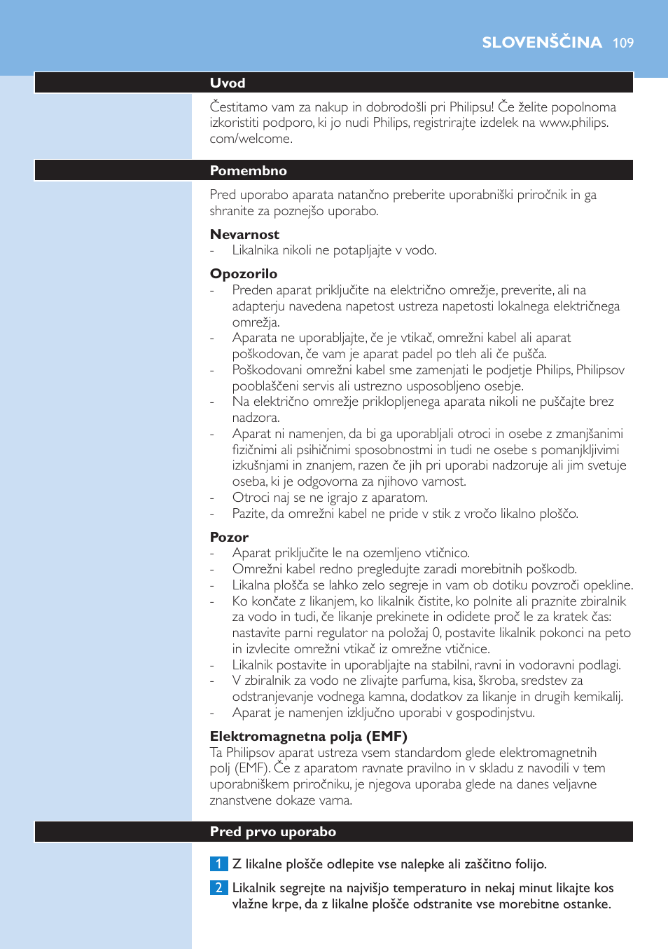 Nevarnost, Opozorilo, Pozor | Elektromagnetna polja (emf), Slovenščina, Uvod, Pomembno, Pred prvo uporabo | Philips GC3106 User Manual | Page 109 / 136