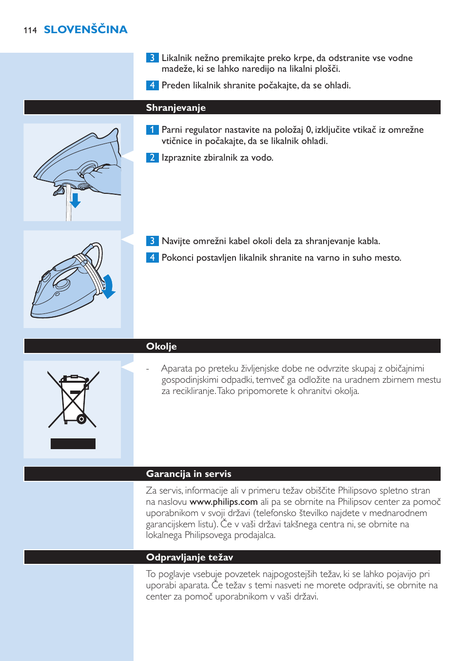 Shranjevanje, Okolje, Garancija in servis | Odpravljanje težav | Philips GC3106 User Manual | Page 114 / 136