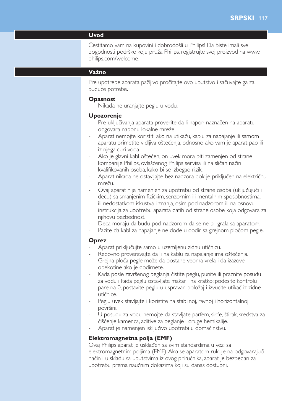 Opasnost, Upozorenje, Oprez | Elektromagnetna polja (emf), Srpski, Uvod, Važno | Philips GC3106 User Manual | Page 117 / 136