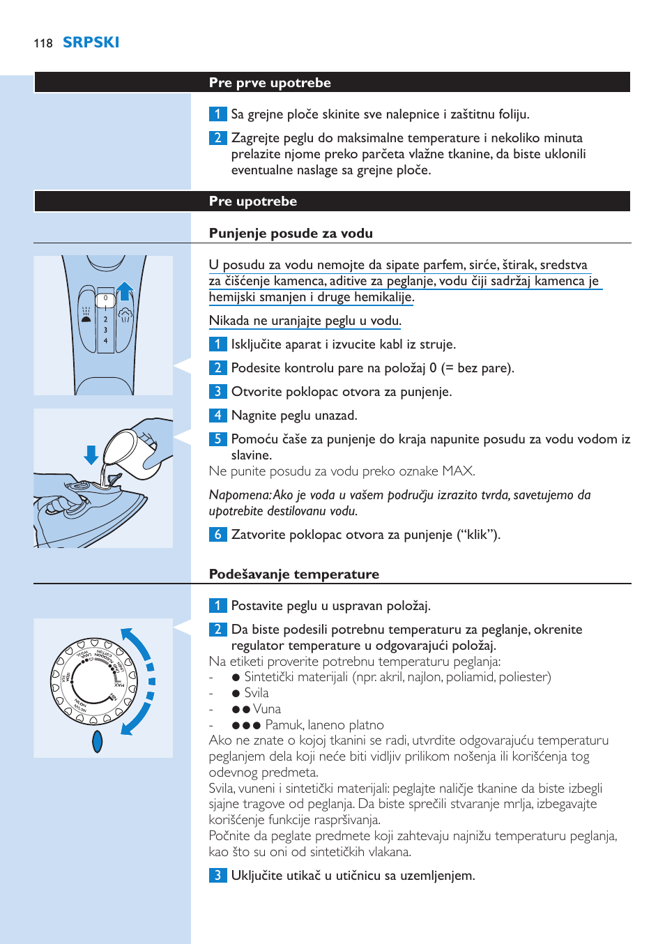 Pre prve upotrebe, Pre upotrebe, Punjenje posude za vodu | Podešavanje temperature | Philips GC3106 User Manual | Page 118 / 136