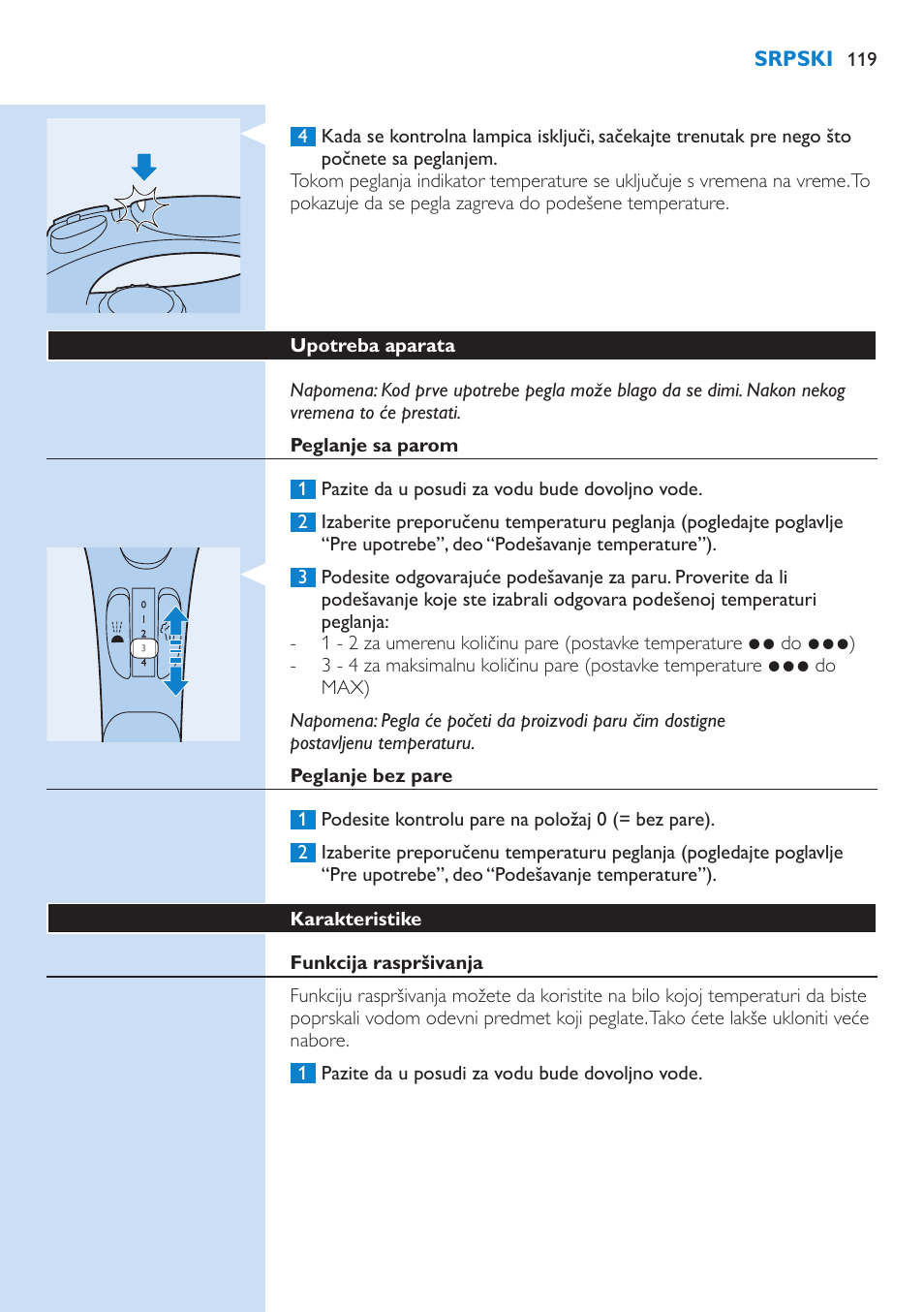 Upotreba aparata, Peglanje sa parom, Peglanje bez pare | Karakteristike, Funkcija raspršivanja | Philips GC3106 User Manual | Page 119 / 136