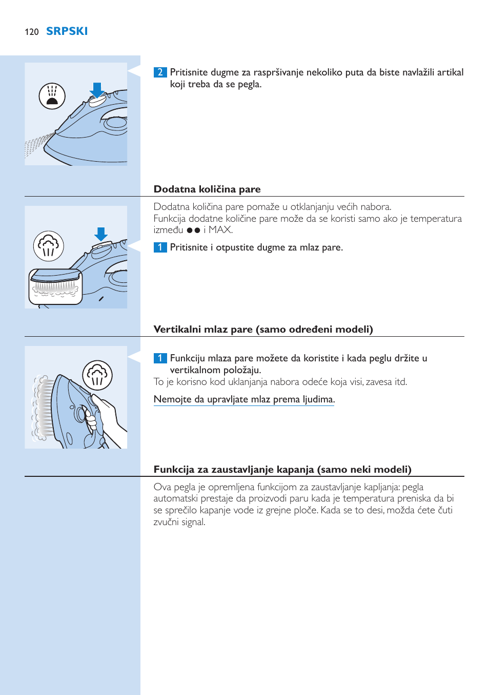 Dodatna količina pare, Vertikalni mlaz pare (samo određeni modeli) | Philips GC3106 User Manual | Page 120 / 136