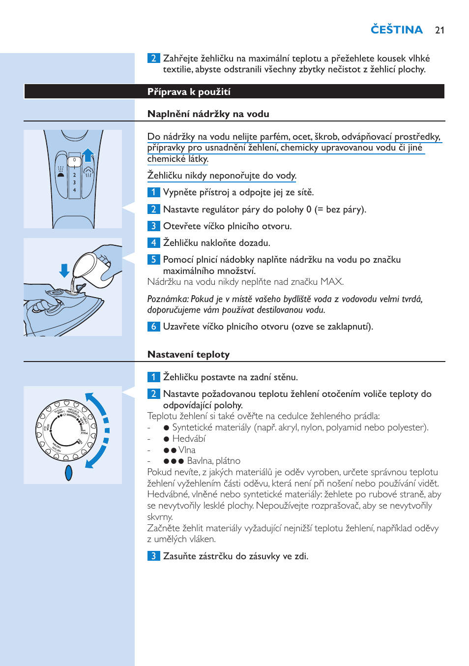 Příprava k použití, Naplnění nádržky na vodu, Nastavení teploty | Philips GC3106 User Manual | Page 21 / 136