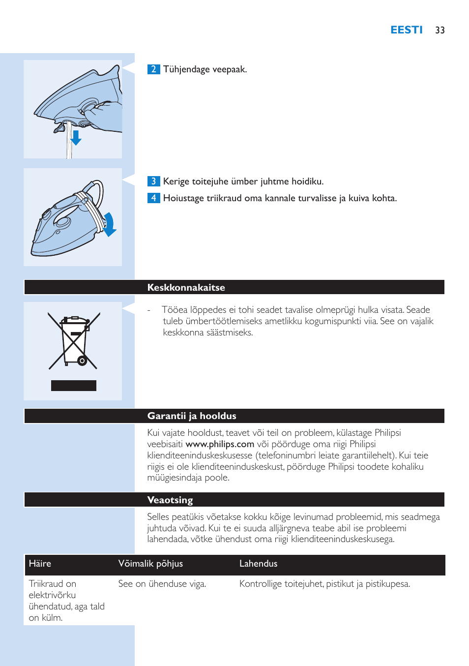 Keskkonnakaitse, Garantii ja hooldus, Veaotsing | Philips GC3106 User Manual | Page 33 / 136