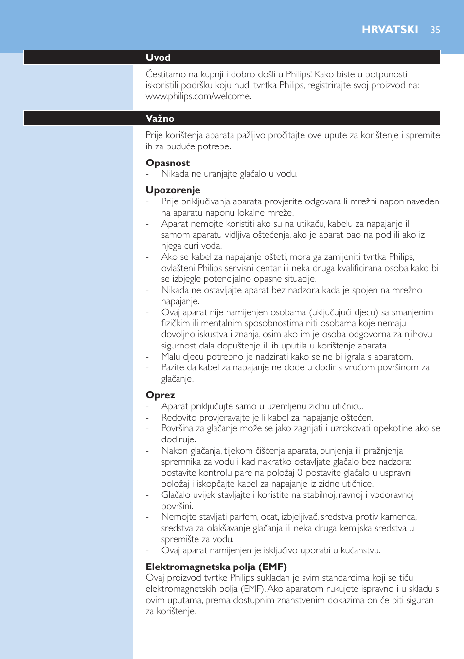 Opasnost, Upozorenje, Oprez | Elektromagnetska polja (emf), Hrvatski, Uvod, Važno | Philips GC3106 User Manual | Page 35 / 136