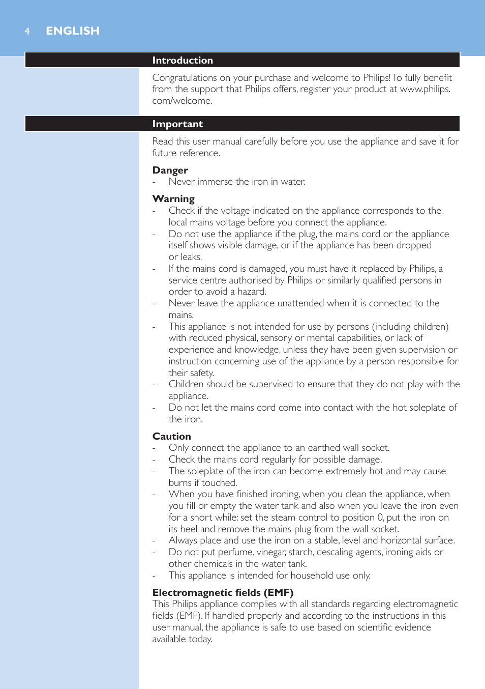 English, Introduction, Important | Danger, Warning, Caution, Electromagnetic fields (emf) | Philips GC3106 User Manual | Page 4 / 136