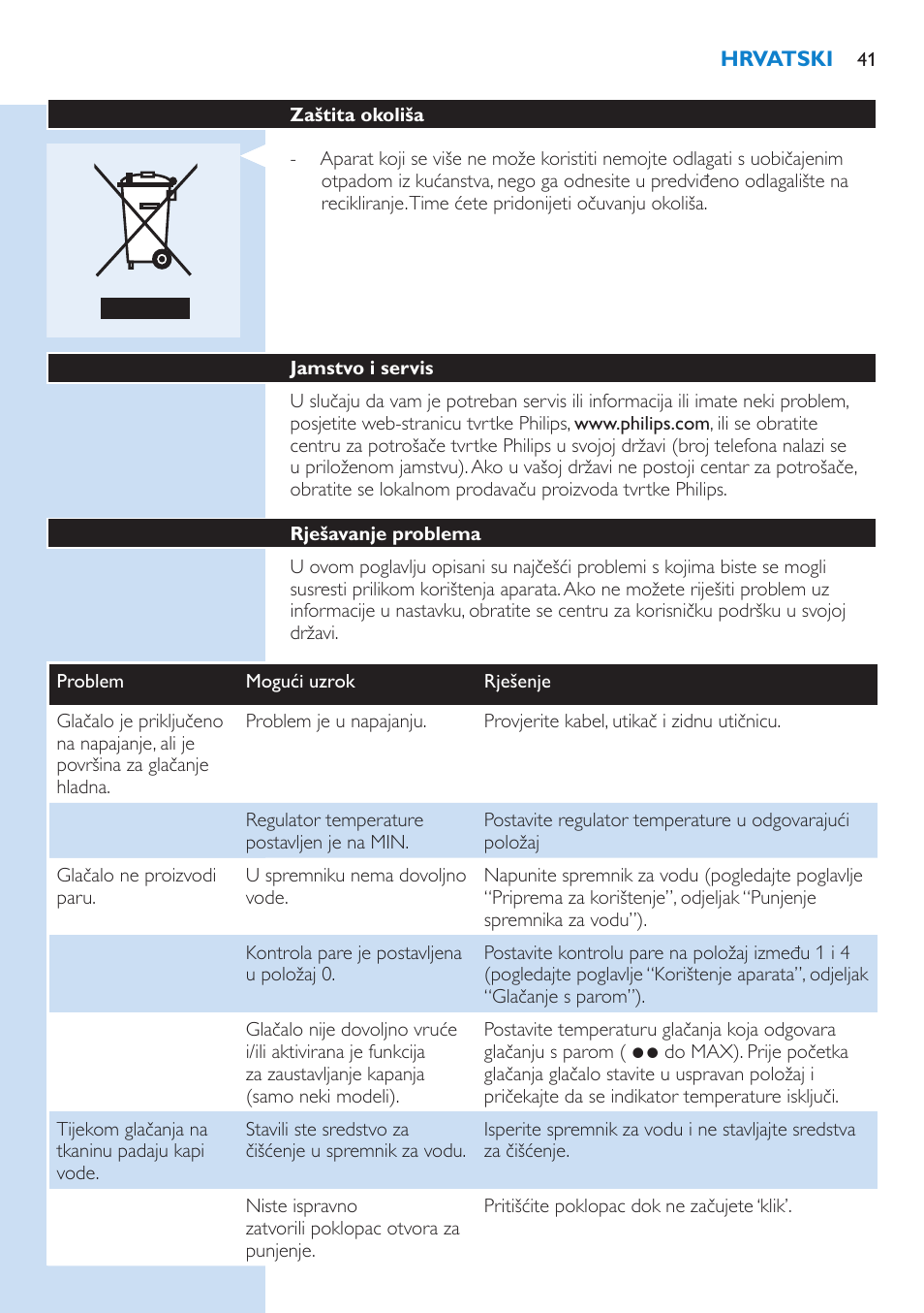 Zaštita okoliša, Jamstvo i servis, Rješavanje problema | Philips GC3106 User Manual | Page 41 / 136