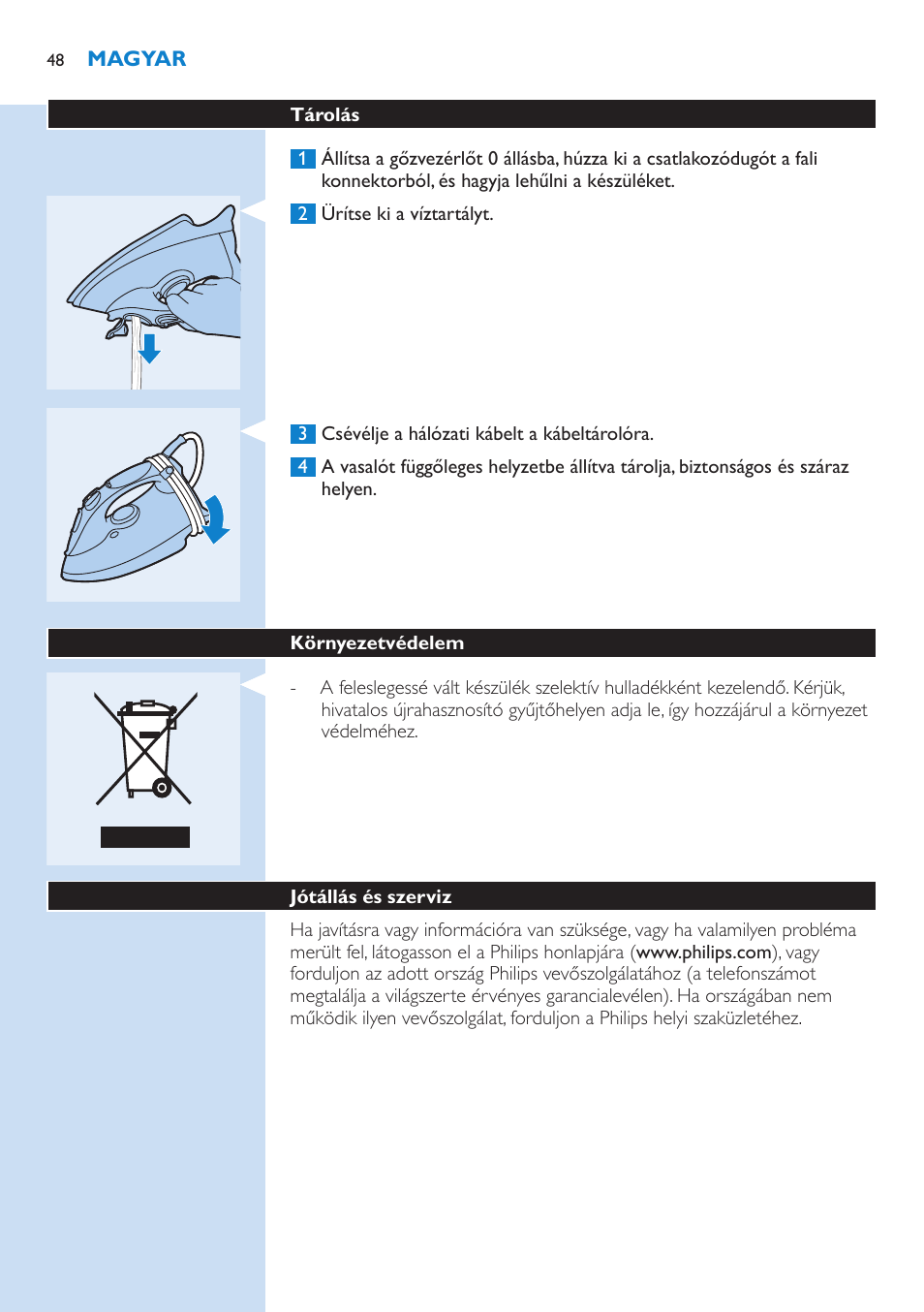 Környezetvédelem, Jótállás és szerviz, Hibaelhárítás | Philips GC3106 User Manual | Page 48 / 136