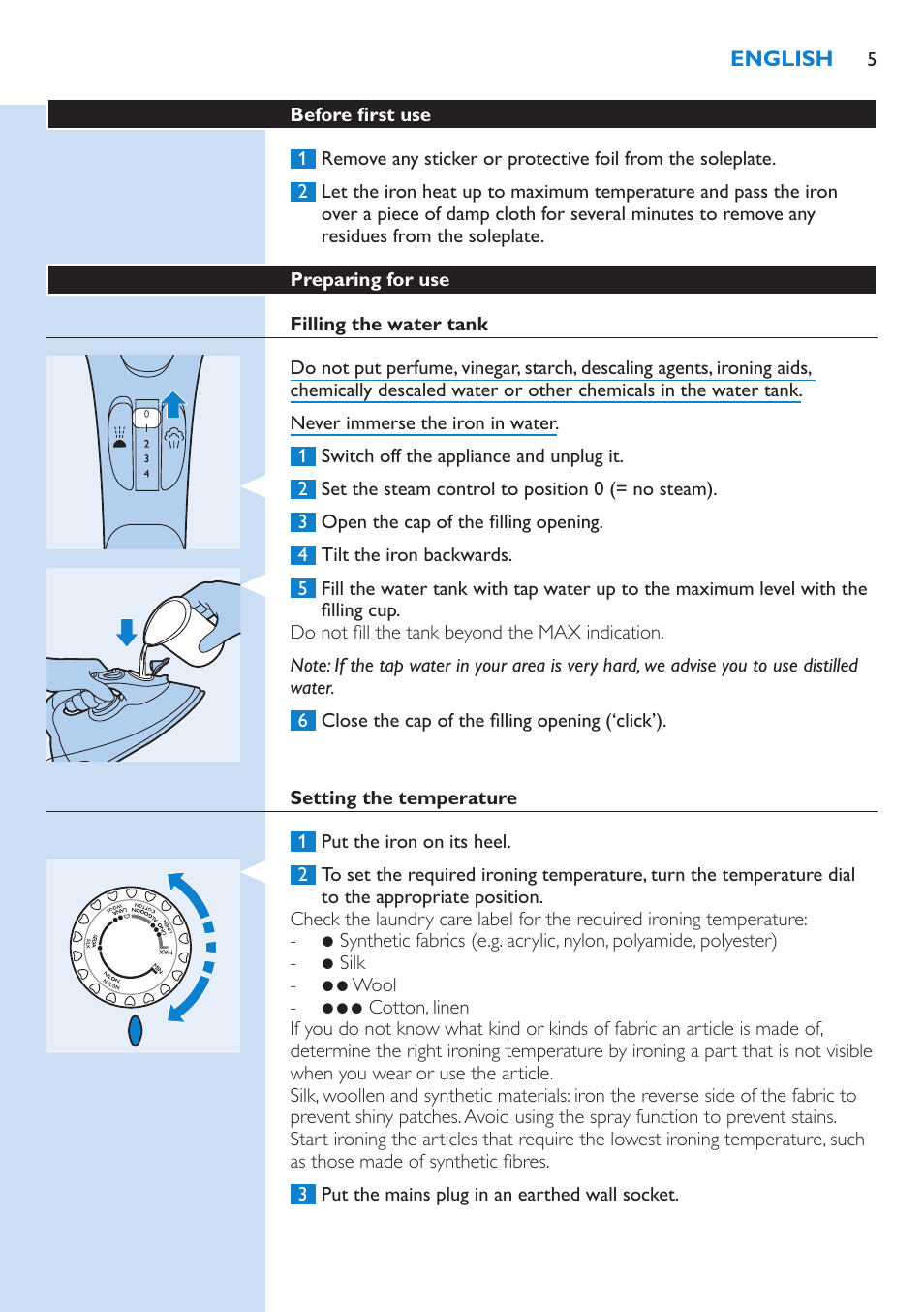 Before first use, Preparing for use, Filling the water tank | Setting the temperature | Philips GC3106 User Manual | Page 5 / 136