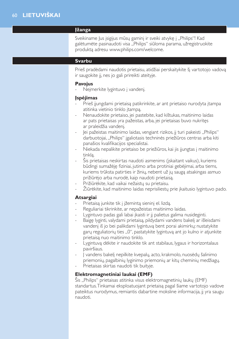 Pavojus, Įspėjimas, Atsargiai | Elektromagnetiniai laukai (emf), Lietuviškai, Įžanga, Svarbu, Prieš pirmąjį naudojimą | Philips GC3106 User Manual | Page 60 / 136