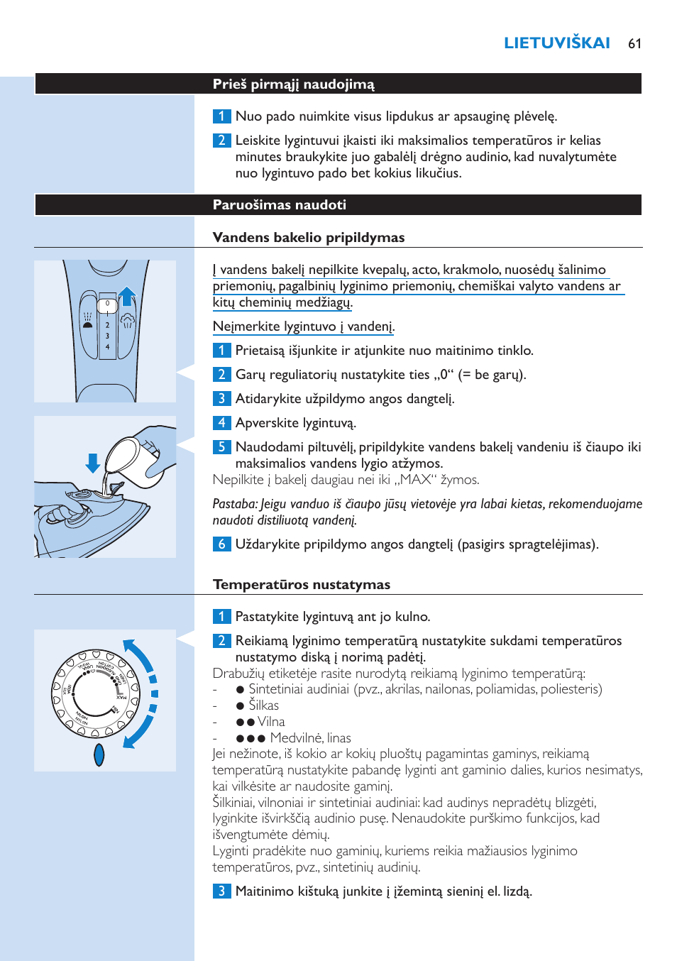 Paruošimas naudoti, Vandens bakelio pripildymas, Temperatūros nustatymas | Philips GC3106 User Manual | Page 61 / 136