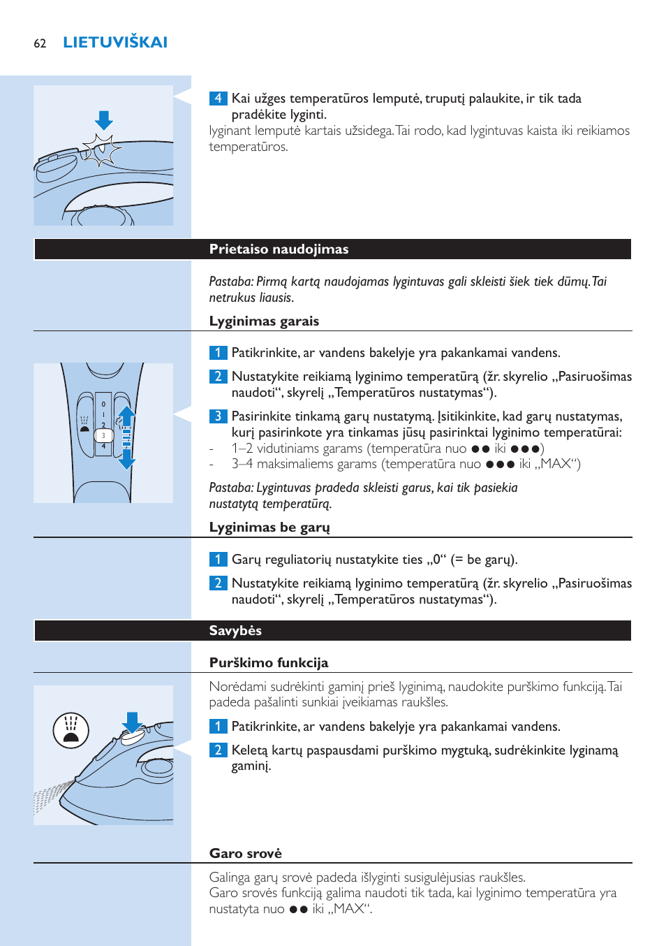 Prietaiso naudojimas, Lyginimas garais, Lyginimas be garų | Savybės, Purškimo funkcija, Garo srovė | Philips GC3106 User Manual | Page 62 / 136