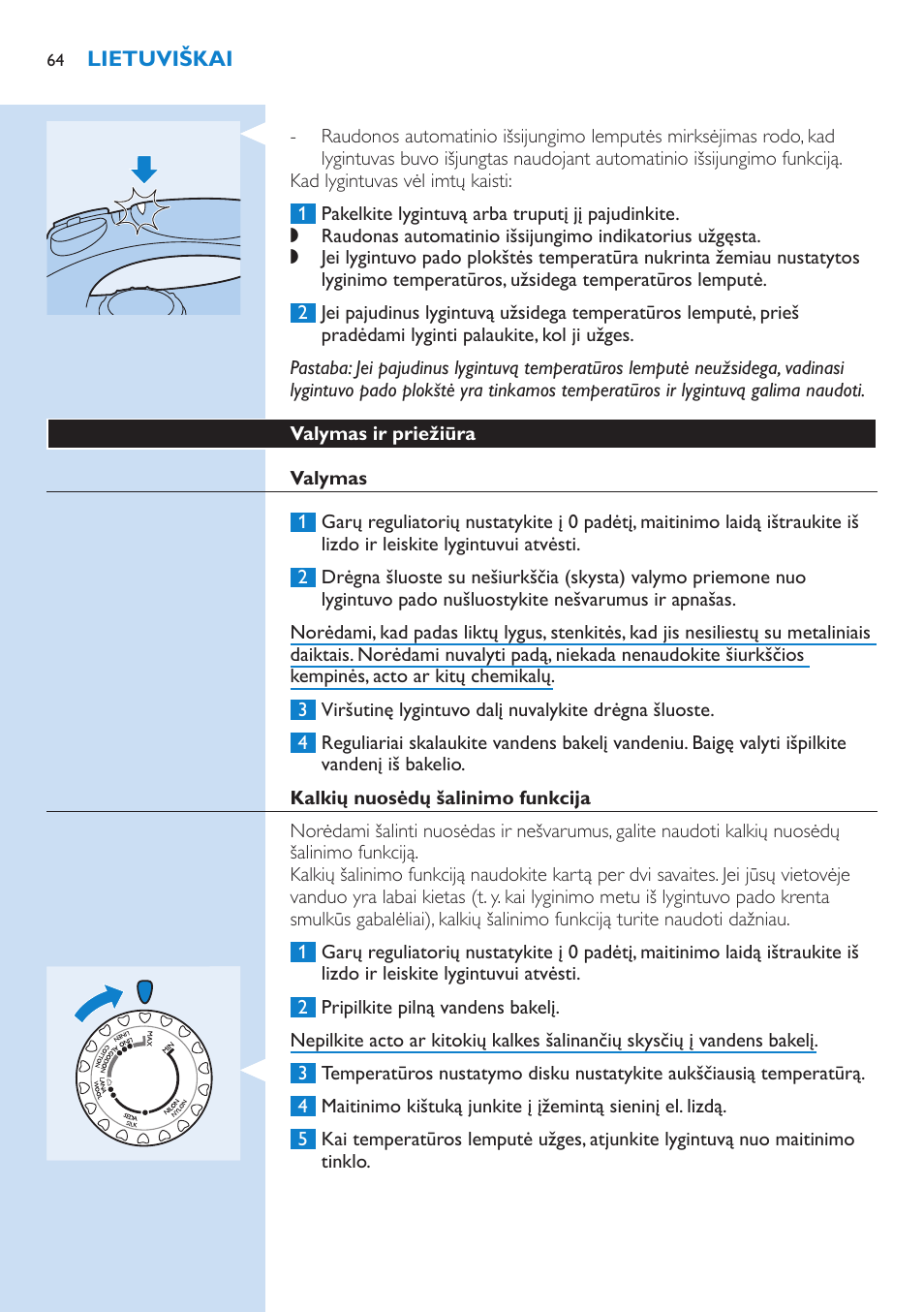 Valymas ir priežiūra, Valymas, Kalkių nuosėdų šalinimo funkcija | Philips GC3106 User Manual | Page 64 / 136