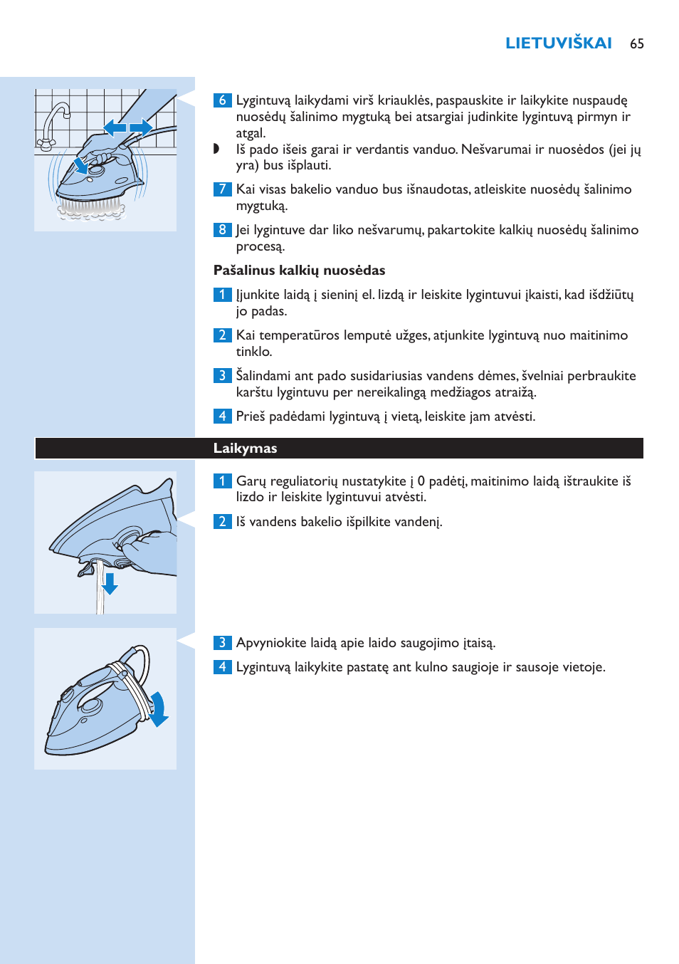 Pašalinus kalkių nuosėdas, Laikymas | Philips GC3106 User Manual | Page 65 / 136