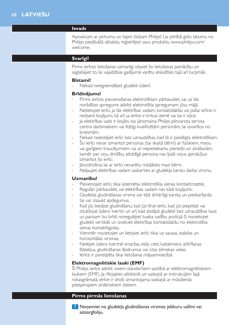 Bīstami, Brīdinājums, Uzmanību | Elektromagnētiskie lauki (emf), Latviešu, Ievads, Svarīgi, Pirms pirmās lietošanas | Philips GC3106 User Manual | Page 68 / 136