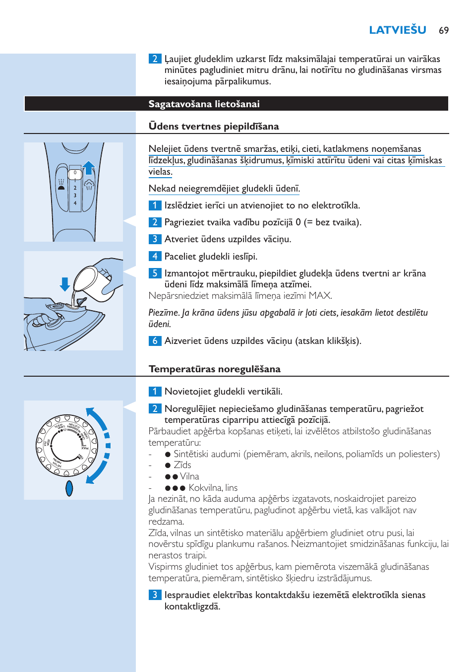 Sagatavošana lietošanai, Ūdens tvertnes piepildīšana, Temperatūras noregulēšana | Philips GC3106 User Manual | Page 69 / 136